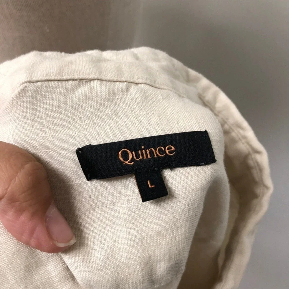 Quince Shirt Dress Womens L Sand 100% European Linen Button Front Long Sleeve